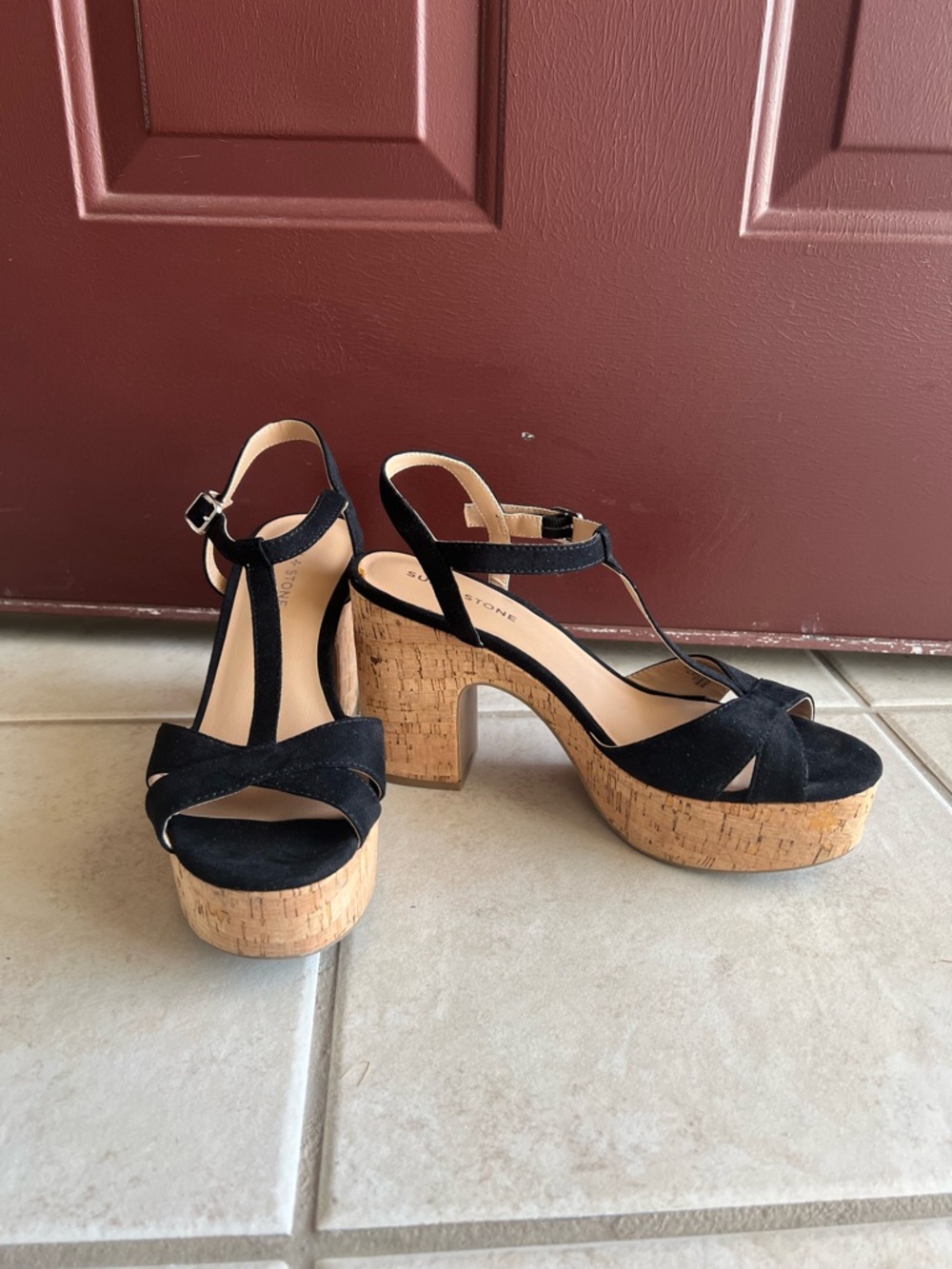 Sun + Stone Jillien Black T-Strap Platform Cork Heels Size 9.5